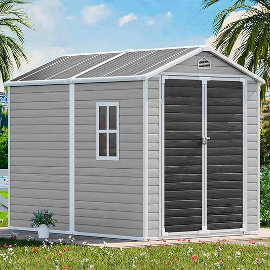 CDCASA 8x6 FT Resin Storage Shed, Large Waterproof Outdoor Sheds with Floor & Lockable Door & Vents, Plastic Tool Shed for Backyard, Patio, Poolside, Cabinet, Dove Grey