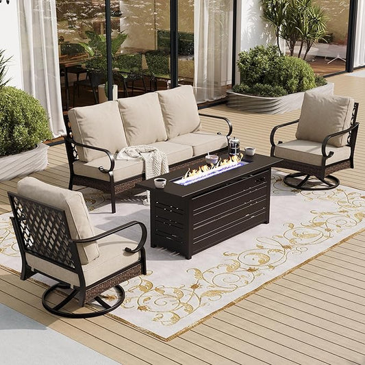 4 Piece Black Metal Outdoor Patio Furniture Sets with Firepit Table, Patio Conversation Sets 1 3-Seater Sofa, 2 Swivel Sofa with 5.75" Thick Cushion Backyard Furniture for Deck, Beige