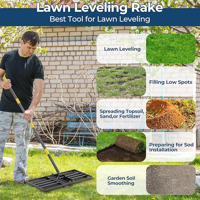 Professional Lawn Leveling Rake 30x10 Heavy Duty - Oversized Leveling Tool with 80" Stainless Steel Handle, Foldable Landscape Grading Rake for Soil Sand Topdressing & Seeding
