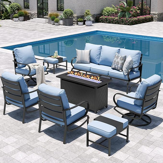 Sophia & William Patio Furniture Sets for 9 with 45" Gas Fire Pit Table Outdoor Conversation Sets 8 Pcs, 2xSofa Chairs, 2xSwivel Cushion Chairs, 1x3-Seat Sofa, 2xOttomans for Porch Poolside Blue