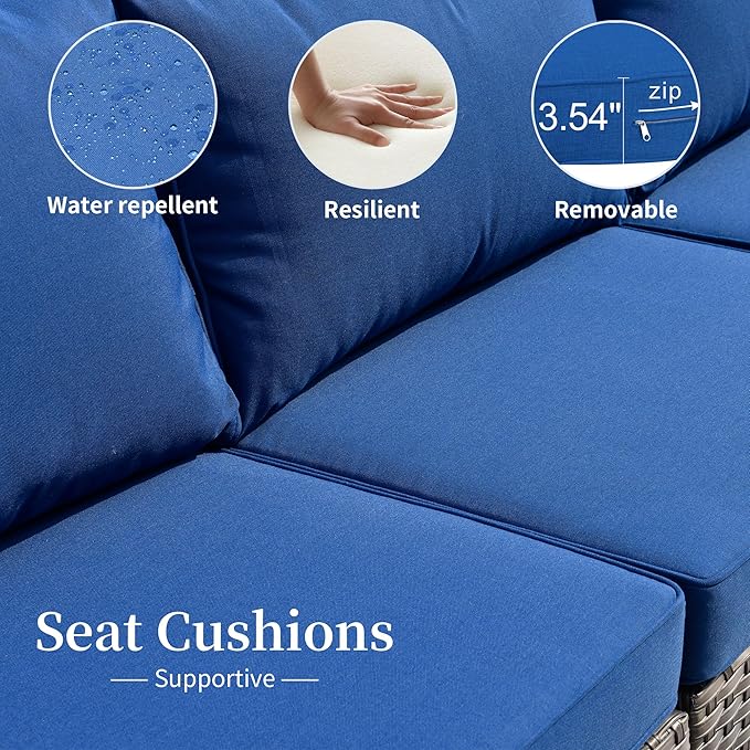 HOOOWOOO 11 Piece Patio Sectional Furniture Set with Fire Pit Table,Modern Wicker Outdoor Conversation Sofa Sets,Weather Resistant Modular L Shaped Outside Couch Swivel Chair Set(Navy Blue)