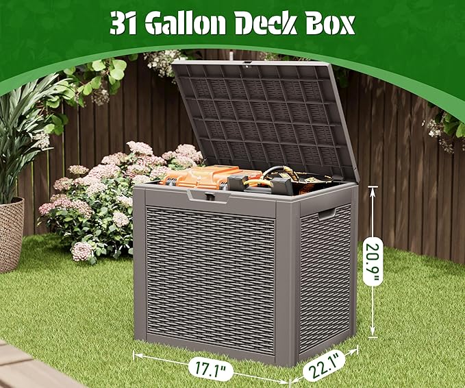 NUNU LAB Outdoor Storage Box 31 Gallon,Waterproof Indoor Outside Deck Boxes,Backyard Storage Bin for Package Delivery,Garden Tools,Patio Cushions,Pool Accessories,Storage Bench Lockable Lid,Tool Box