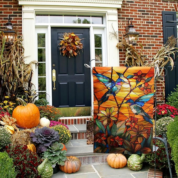 Stained Glass Hummingbird Garden Flag Spring Summer Yard Flag Fall Floral Decorative Flags for Outside 12x18 Double Sided Small Seasonal Lawn Flags Rustic Outdoor Decor