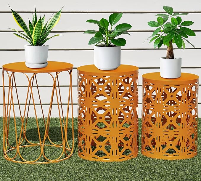 HFHOME Set of 3 Metal Outdoor Side Table, Nesting Round Coffee Table for Indoor Outdoor, Heavy Duty End Tables Plant Stand Living Room Garden Stool - Orange