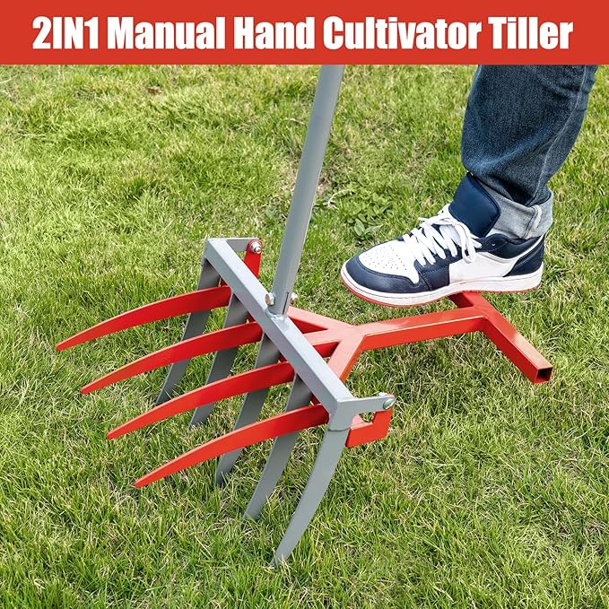2IN1 Broad Fork Tool, Manual Hand Cultivator Tiller, Garden Twist with 5+4 Steel Tines, Pitchfork Tool for Farm Loosening, Garden Lawn, Regularly Digging, Crushing Soil