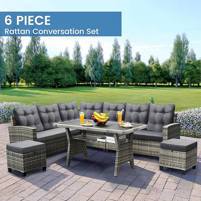 6-Piece Outdoor Patio Furniture Set - Sectional Sofa, Dining Table & Chairs Included, All-Weather Dining Set with Ottoman, Grey Wicker and Grey Cushions