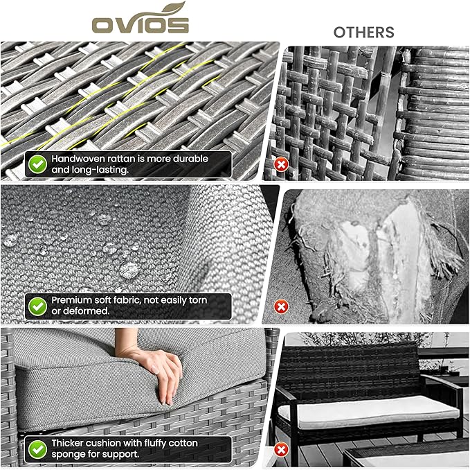 ovios 5 Pieces Patio Furniture Set, Outdoor Wicker Sofa Couch with Rocking Swivel Chairs Solar Lights Table, Modern Deep Seat Rattan Conversation Sets for Porch Deck, Dark Grey