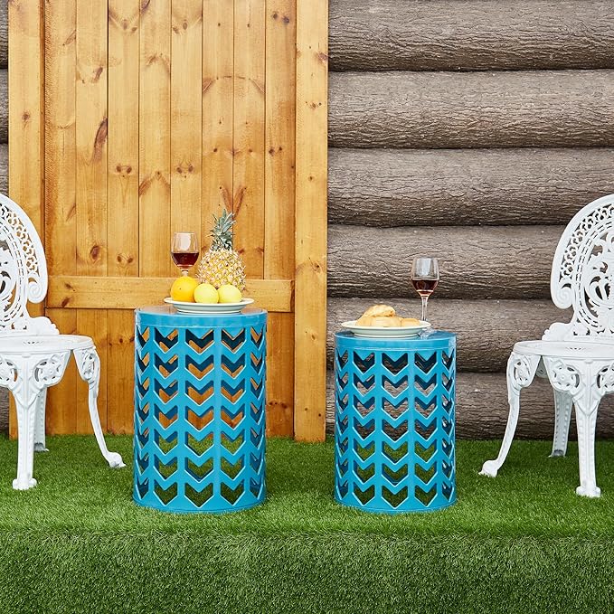 Y&M Nesting Side Table, Set of 3 Stacking Coffee Table for Living Room, Indoor End Tables, Outdoor Decorative Garden Stool with Heavy Duty Metal Frame Modern Industrial Decor - Blue