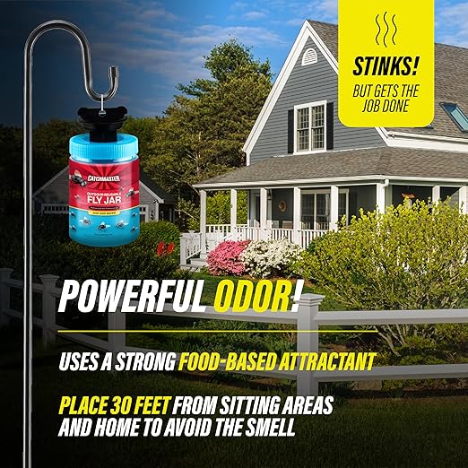 Catchmaster Outdoor Reusable Fly Traps Outdoor with Bait Included – 1 Non-Toxic, Pet Safe Hanging Fly Jar – Bug Catchers for Yard, Patio & Trash – Sets Up in Seconds