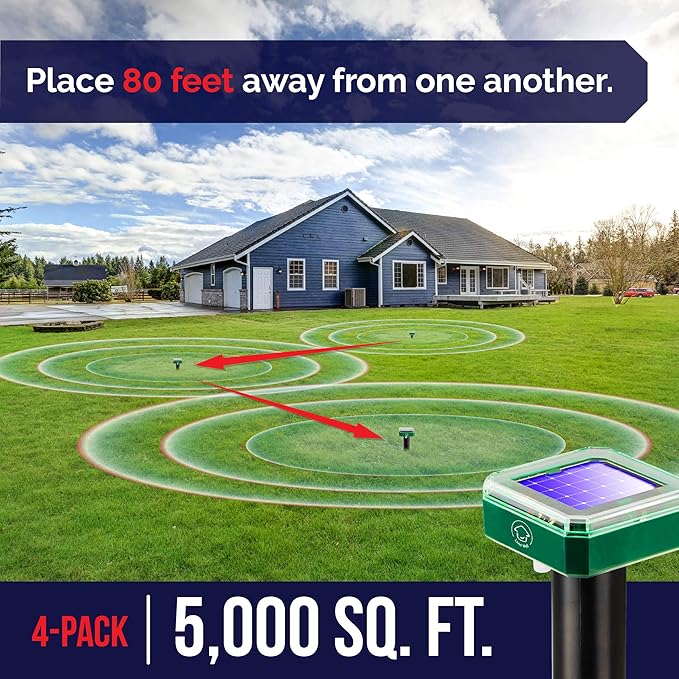 Livin' Well Solar Sonic Pest Repeller Stakes - 4pk Outdoor Pest Repellent with 5,000 Feet Range, Solar Powered Animal Control, Rodent Repellent and Deterrent for Mole, Vole, Gopher