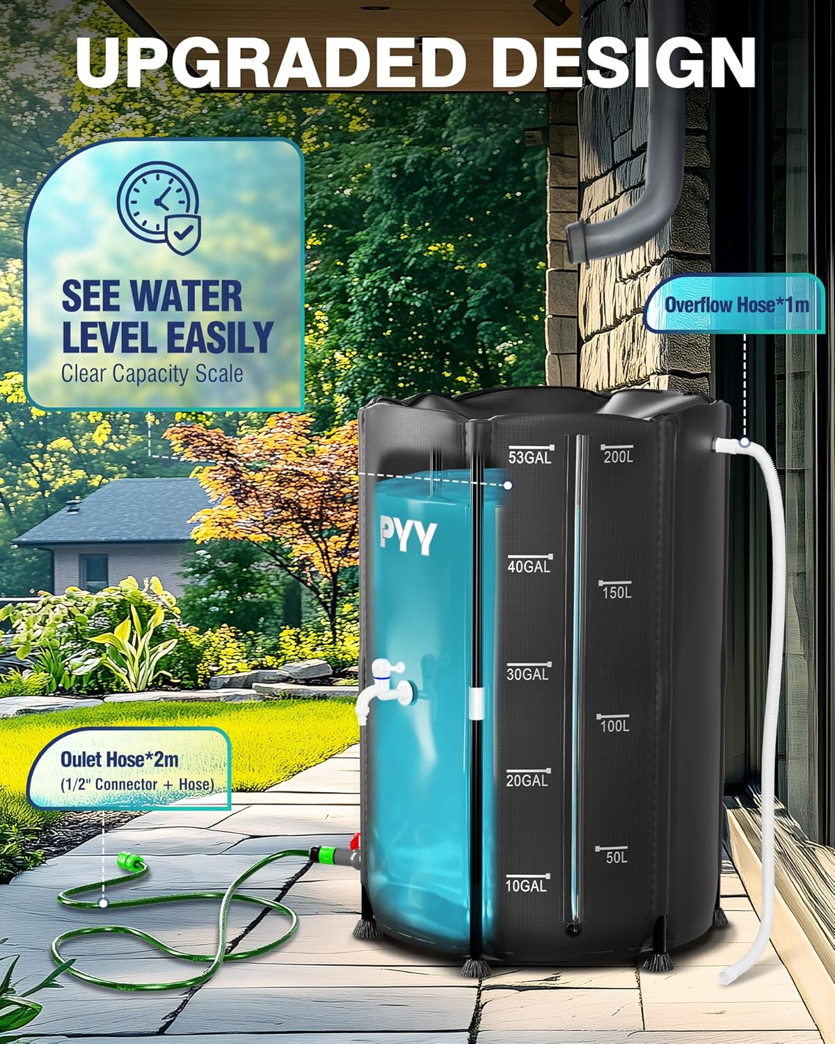 PYY Rain Water Collection Barrel - 53 Gallon Black Water Storage Tank with Spigot, Hose and Portable Bucket, Large Plastic Collapsible Rain Catcher Catchment System to Collect Rainwater from Gutter