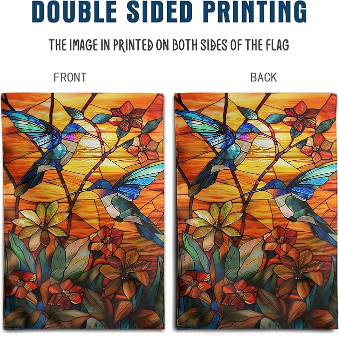 Stained Glass Hummingbird Garden Flag Spring Summer Yard Flag Fall Floral Decorative Flags for Outside 12x18 Double Sided Small Seasonal Lawn Flags Rustic Outdoor Decor