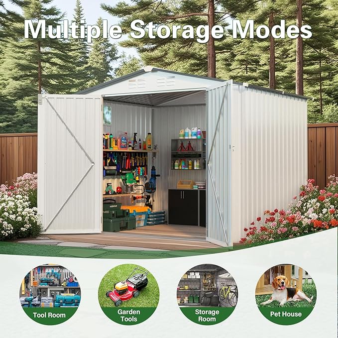 8x6 FT Outdoor Storage Shed with Windows, Metal Sheds & Outdoor Storage with Lockable Door and 4 Vents, Outside Storage Shed Waterproof for Backyard, Patio, White+Gray