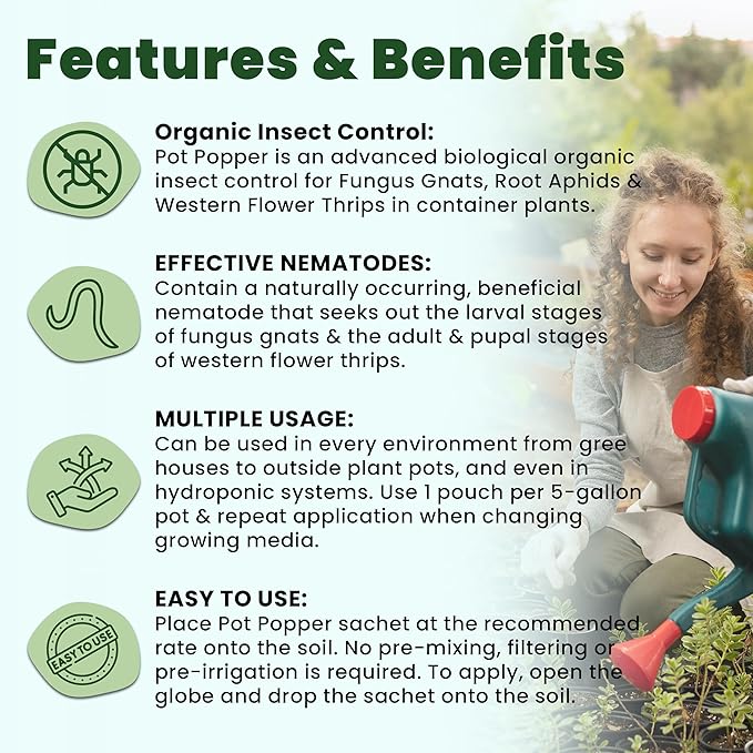 The Environmental Factor Nematodes Organic Insect Control Pot Popper, Controls Fungus Gnats, Root Aphids & Western Flower Thrips - 100% Pesticide free, 8 Infusion Bio-Pouches Per Popper
