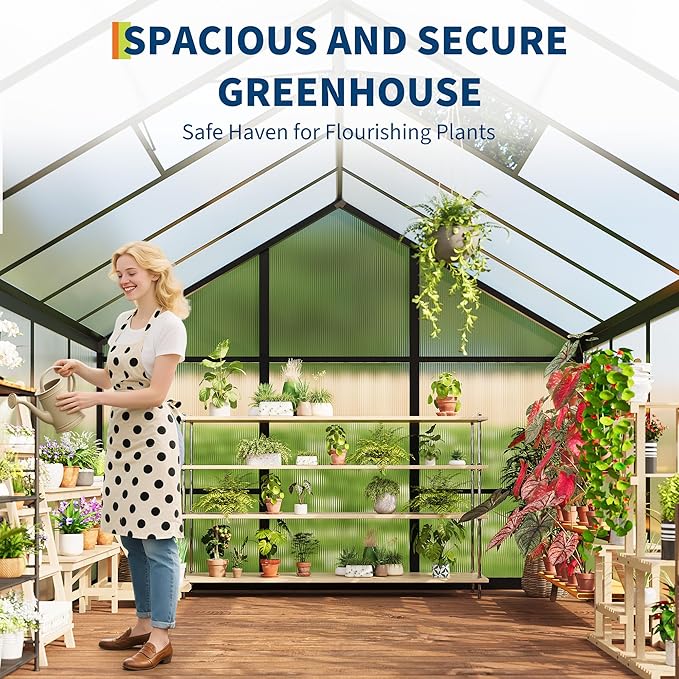 8×10 FT Greenhouse, Large Walk in Greenhouses for Outdoors and Garden Planting, Polycarbonate Greenhouse with Enhanced Aluminum Frame, Green Houses with Upgraded Floor Spikes and Roof Vent, Black