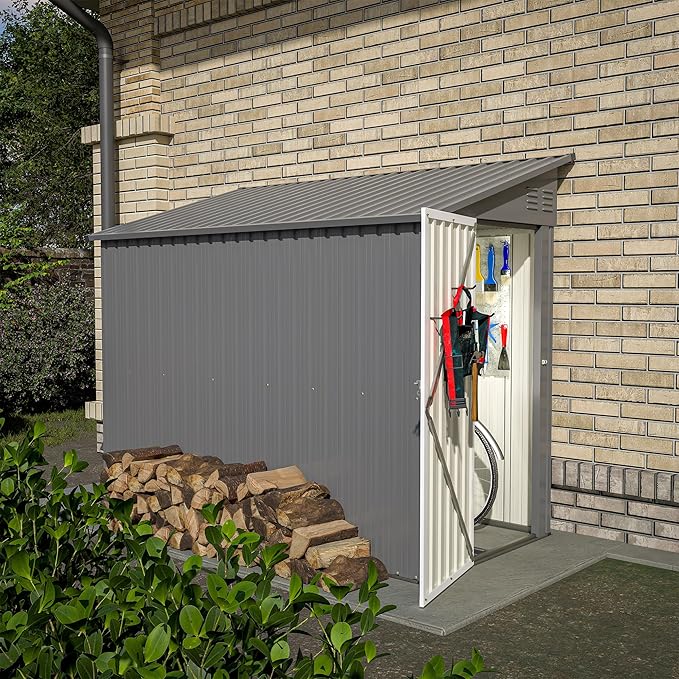 4×8 FT Outdoor Metal Storage Shed,Heavy-Duty Lean to Storage Shed with Floor Base,Garden Tool Metal Storage House W/Lockable Door and 2 Air Vents,Weather Resistant,for Backyard,Patio,Lawn,Gray