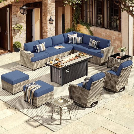 HOOOWOOO Outdoor Sectional Patio Furniture Set with Fire Pit Table,13 Pieces Wicker Conversation Sets L Shaped Couch,Extra Deep Out Door Sofa Outside Furniture with Swivel Chairs Ottoman,Denim Blue