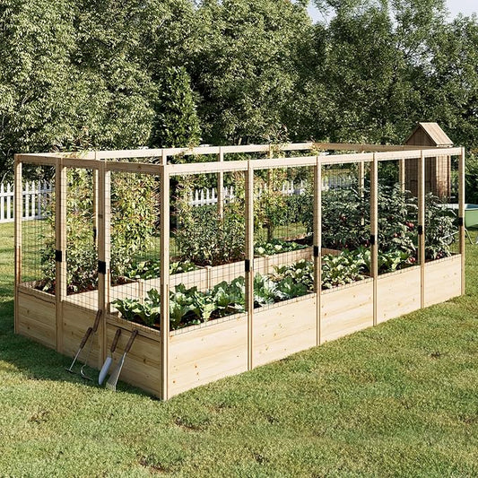 PaPaJet Wooden Raised Garden Bed for Outdoor, Eleven Grid Deep Large Planter Box with Netting for Gardening, Vegetables, Flowers, Herbs（7.5× 14.8× 5.9FT）