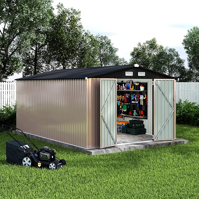 10x14 FT Metal Storage Sheds Outdoor, Metal ToolShed with Lockable Door, Metals Yard Sheds Metals Garden Shed Kit, MetalUtility Sheds Buildings with Air Vent for Backyard Garden Patio Lawn