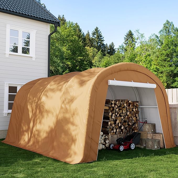 SUNBURY Carport, Round Portable Garage, Outdoor 13x20 ft Heavy Duty Carport, Tensioner and 2 Roll Up Doors Waterproof PE Fabric Car Port, Garage, Storage Shed, Tent for Storage, SUV, Brown