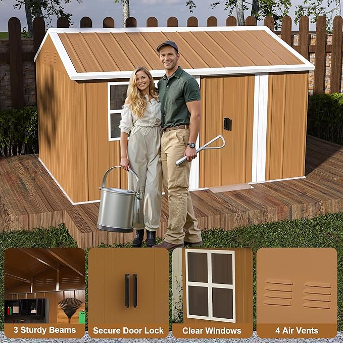 KEIKI 12FT x 8FT Heavy-Duty Metal Storage Shed, Outdoor Storage Shed with Floor & Window and Lockable Doors, Weatherproof Outdoor Garden Shed for Garden, Backyard, Patio, Lawn