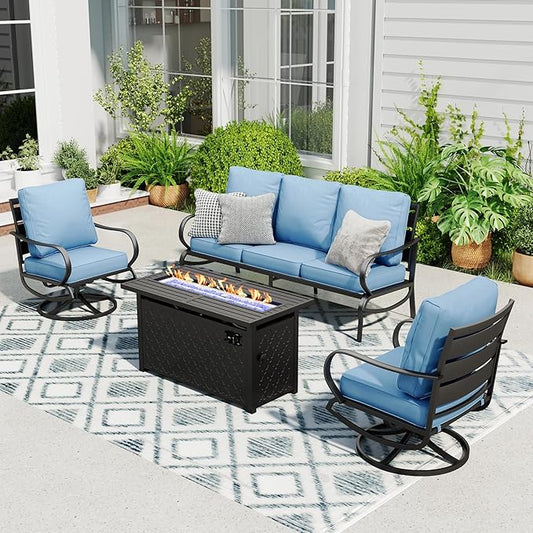 Sophia & William Patio Furniture Sets with 45" Gas Fire Pit Table Outdoor Metal Conversation Sets for 5, 2 x Swivel Cushioned Patio Sofa Chairs, 1 x 3-Seat Sofa 4 Pieces for Lawn Backyard Blue
