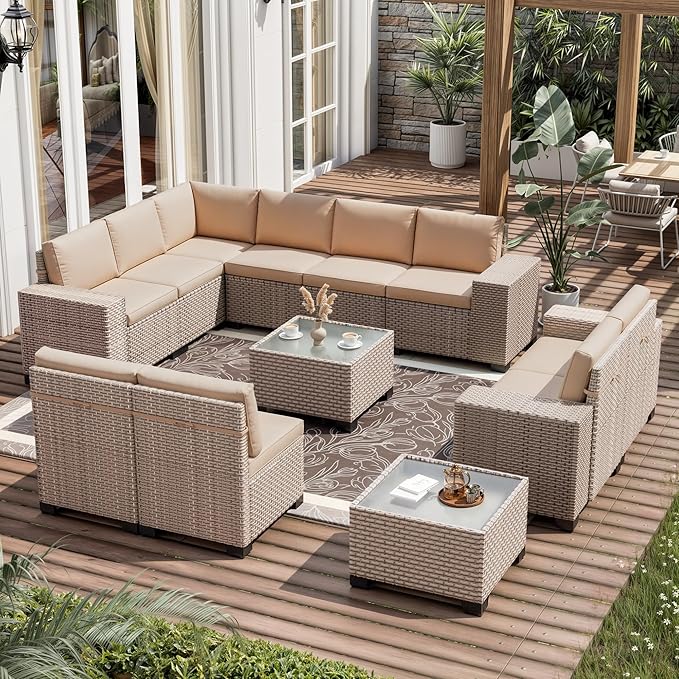 12 Pieces Patio Furniture Set, Outdoor Sectional Wicker Sofa with Thickened Cushions and Coffee Table, High Back Rattan Patio Conversation Sets for Garden Backyard, Khaki
