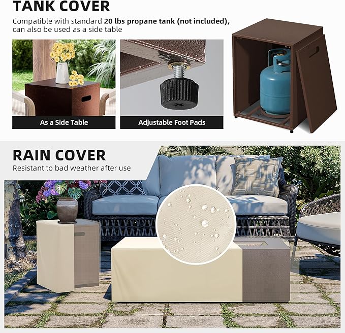 UPHA 42-inch Outdoor Propane Gas Fire Pit Table 50000 BTU Iron Rectangle Firepit for Outside Patio with Tank Hidden Table, Removable Lid, Gold Glass Rocks, Rain Cover, Brown