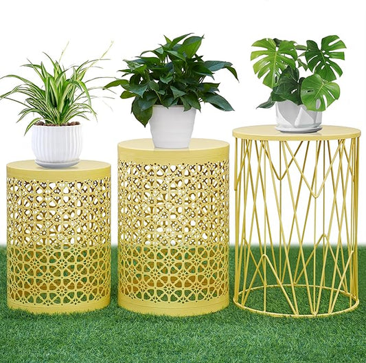 Y&M Set of 3 Stacking Coffee Table for Living Room, Nesting Side Table,Indoor End Tables for Bedroom, Outdoor Decorative Garden Stool with Heavy Duty Metal Frame Modern Industrial Decor - Yellow