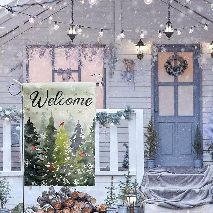 Welcome Winter Garden Flag Pine Tree Flag Snowy Forest Red Birds Cardinals Flag 12x18 Double Sided Outdoor Christmas Farmhouse Decorations Seasonal Yard Flags