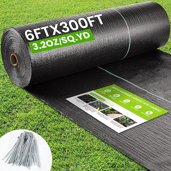 Rintea 6FTX300FT Weed Barrier Fabric, 3.2oz Landscape Fabric, Durable Weed Barrier Fabric Heavy Duty with 20 U-Shaped Securing Pegs for Landscaping Weed Blocker Garden Bed Cover, Commercial Driveway