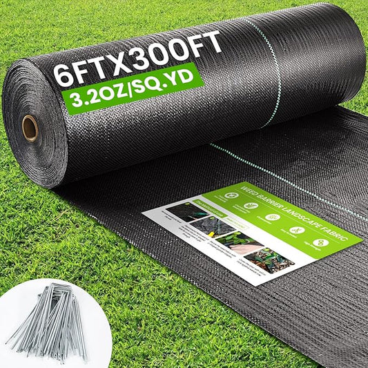 Rintea 6FTX300FT Weed Barrier Fabric, 3.2oz Landscape Fabric, Durable Weed Barrier Fabric Heavy Duty with 20 U-Shaped Securing Pegs for Landscaping Weed Blocker Garden Bed Cover, Commercial Driveway