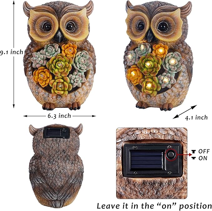 FORUP Owl Garden Statue, Resin Owl Figurine Garden Lawn Ornaments with Solar LED Lights for Outdoor Yard Garden Decorations