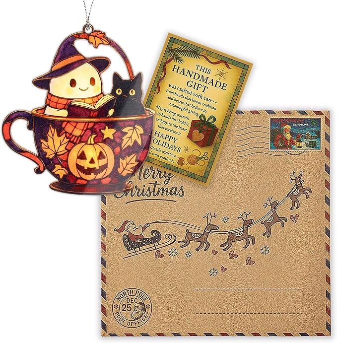 Cute Ghost Halloween Ornament – halloween ornament – ghost gifts – black cat decor – holiday ornament – Suncatcher effect window hanging – Car Hanging