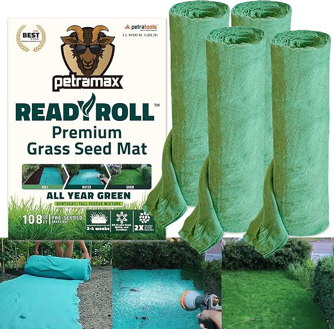 Petramax ReadyRoll Biodegradable Grass Seed Mat for Lawn (432 ft.) - All Year Green 3-in-1 Tall Fescue & Kentucky Grass Seed Rolls w/Mulch & Fertilizer - Lawn Repair Patch - Just Roll, Water, Grow