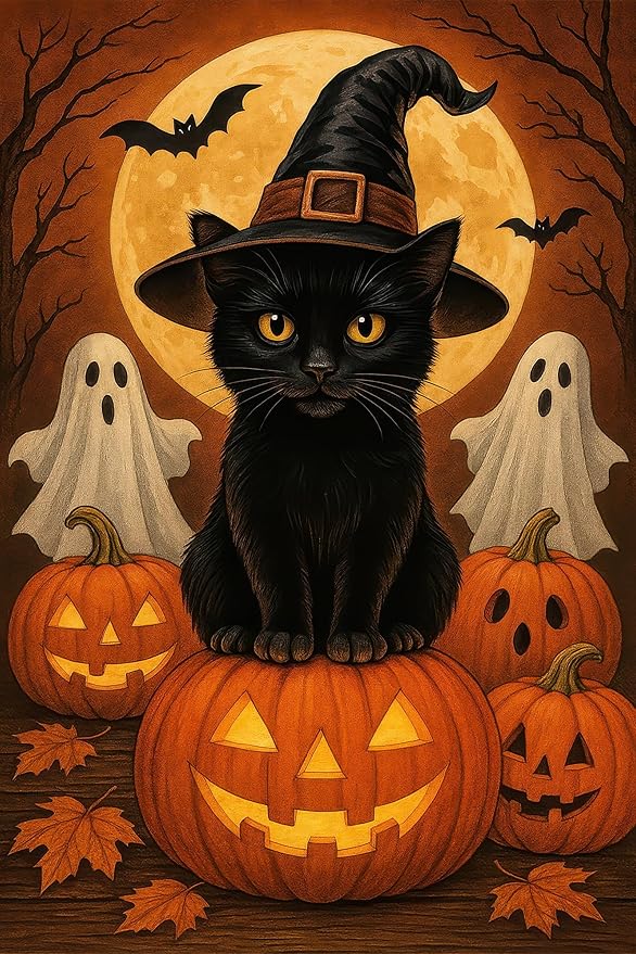 Garden Flags 12x18 Inch Halloween Black Cat Garden Flag Witch Hat Pumpkin Ghosts Double-Sided Spooky Fall Yard Decorations for Outdoor Porch Lawn Welcome Sign Holiday Banner