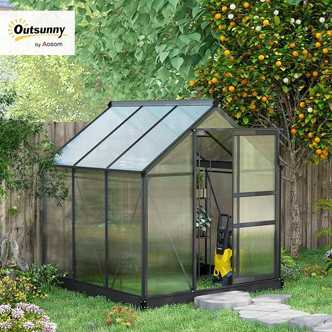 Outsunny 6' x 6' Greenhouse for Outdoors, Polycarbonate Greenhouse with Rain Gutter and Roof Vent, Aluminum Walk-in Green Houses for Outside for Patio Backyard Garden, Gray