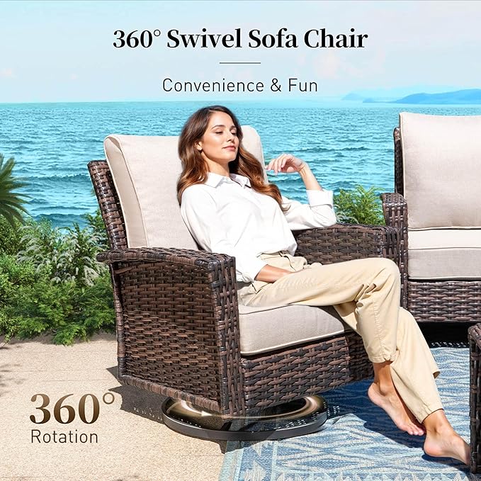 4 Pieces Patio Furniture Set with Swivel Chairs, High Back Wicker Rattan Sofa with Extra Thick Cushion and Coffee Table, Outdoor Conversation Set for Garden Backyard Deck,Beige