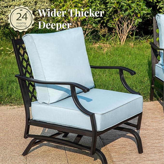 Patio Furniture Set 7 pcs, Outdoor Patio Furniture, 3-Seat Sofa, 2 Single Chairs, 2 Rocking Chairs, 2 Ottomans and 5.75" Extra Thick Cushion, Patio Conversation Set for Backyard Deck,Blue