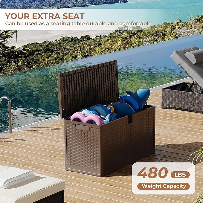 73Gallon Brown Resin Deck Box, Outdoor Storage Box Waterproof Lockable, Patio Deck Box For Package Delivery, Outside Storage Box Container for Furniture Cushions, Garden Tools, Pool Accessories