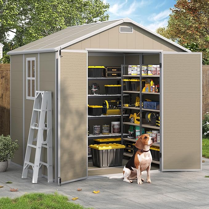 Outdoor Storage Shed, 8x6 FT Resin Shed with Floor Included and Lockable Door, Window & Vents, Tool Sheds, Outdoor Storage for Bike, Garden Accessories, Tools, Waterproof (Light Brown)