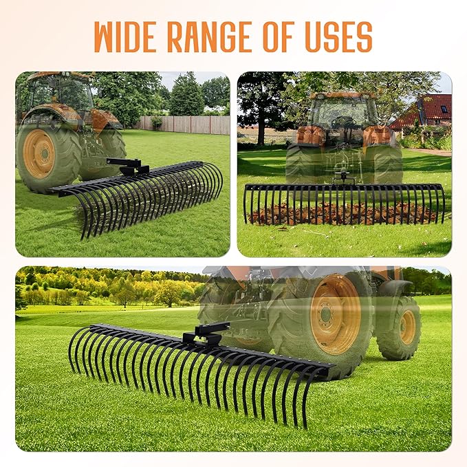 Specraft 72" Behind Landscape Rake for Tractor, Tow Dethatcher Rake with 29 Steel Coil Tines and 2" Receiver, Fit for 3-Point Suspension Systems