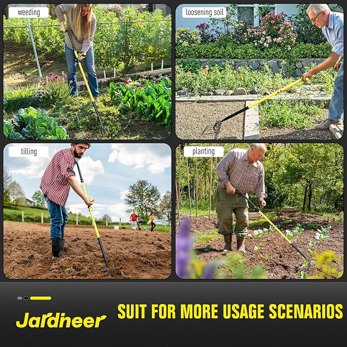 Jardineer 4-Tine Cultivator Rake with Auxiliary Handle, Garden Cultivator Long Handle, Hand Tiller Tool for Gardening Digging Loosening Weeding
