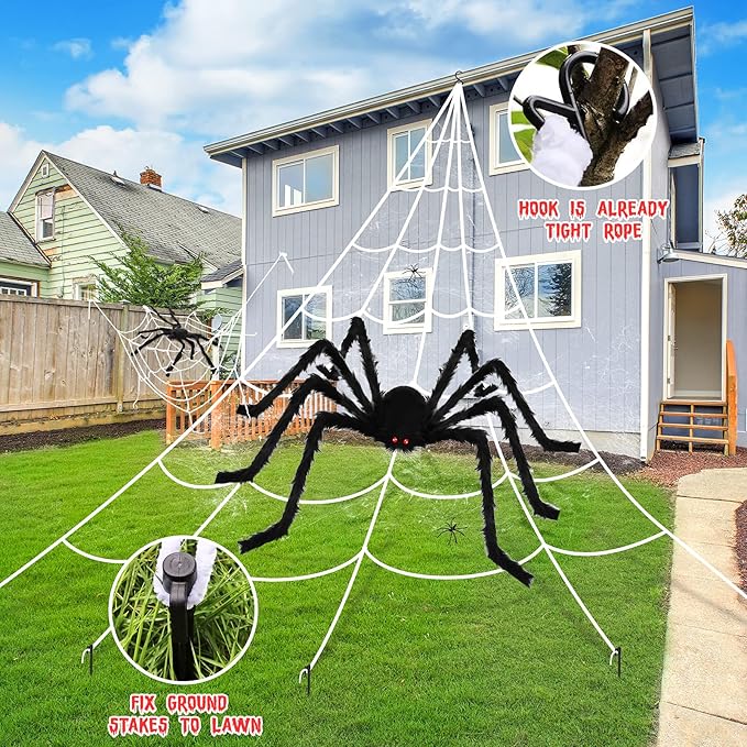 Halloween Decorations, 2Pcs 50'' Giant Spider + 200'' Triangular Spider Web and 100'' Round Spider Web, with Hook, Stretch Web and Ground Pile for Indoor Outdoor Halloween Decor Haunted House Props