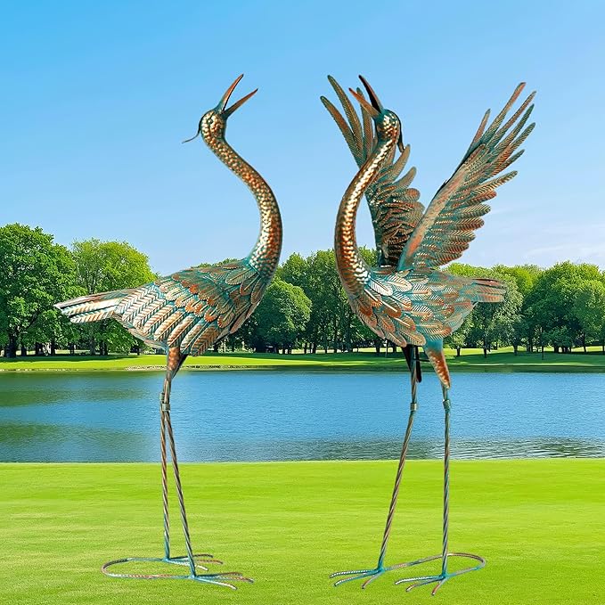 chisheen Crane Garden Statues Outdoor Metal Heron Yard Art Crane for Garden Sculptures Patio Lawn Ornaments,Set of 2