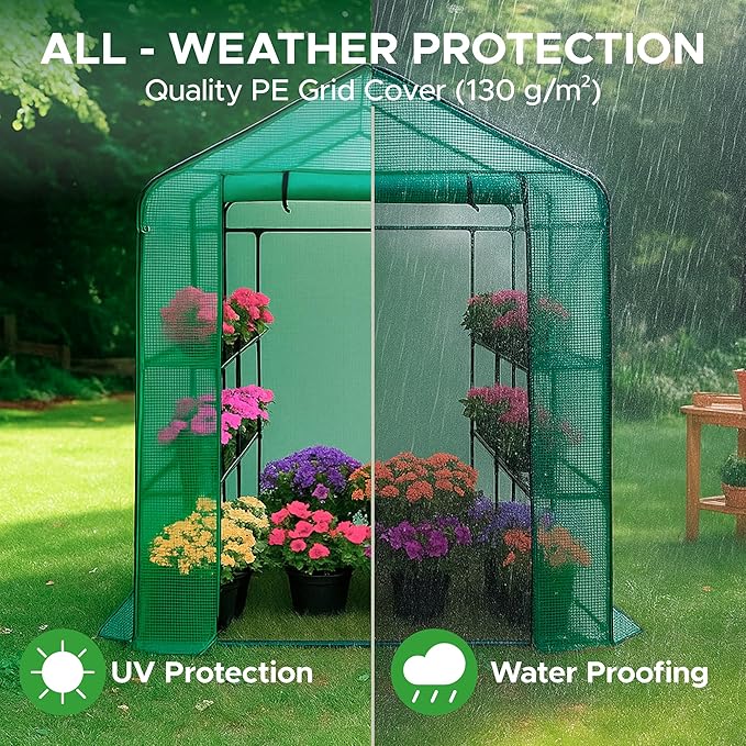 Elly Walk-in Outdoor Greenhouse with Durable PE Cover 56 x 56 x 76 Portable Green House with 2 Mesh Side Windows, Shelf Clips, 3 Tier 8 Shelves Heavy Duty, Plant House with Roll-up Zipper Door