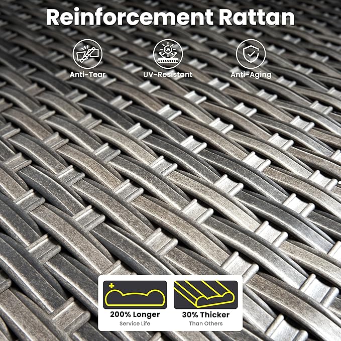 ovios 8 Pieces Patio Furniture Set, Outdoor Wicker Sofa Couch with Rocking Swivel Chairs Solar Lights Table, Modern Deep Seat Rattan Conversation Sets for Porch Deck, Dark Grey