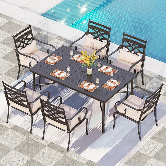 PHI VILLA 7 Pcs Patio Dining Set,Outdoor Table Chair Set for 6 with Outdoor Chairs and Metal Frame Steel Rectangular Table,Outdoor Dining Furniture with Cushion and Pillow for Garden Lawn Deck