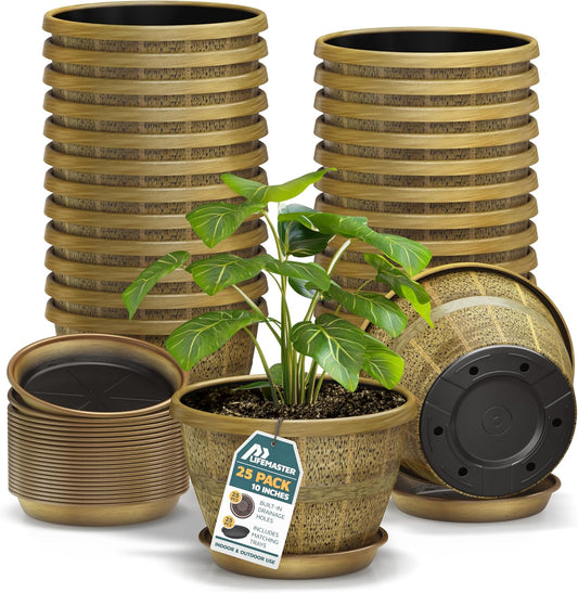 10-Inch Whiskey Barrel Planters Outdoor Pack of 25 - Durable Plastic Plant Pots for Indoor & Outdoor Use with Drainage & Saucer, Lightweight Rustic Barrel Planters for Flowers, Herbs & Small Plants