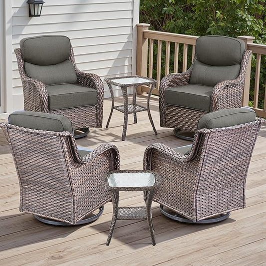 6 Piece Outdoor Patio Swivel Rocker Chairs, Waterproof Wicker, High Back, Deep Seating, Wide Armrest, Upgraded 6 inch Thick Cushions, Side Table, Ideal for Deck Porch Yard, Brown/Grey